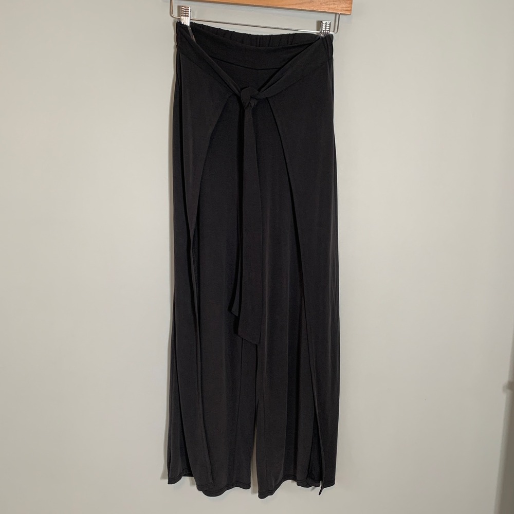 Wasabi + Mint Black Wide Leg Palazzo Pants Wrap Tie Waist Slit Women's M‎